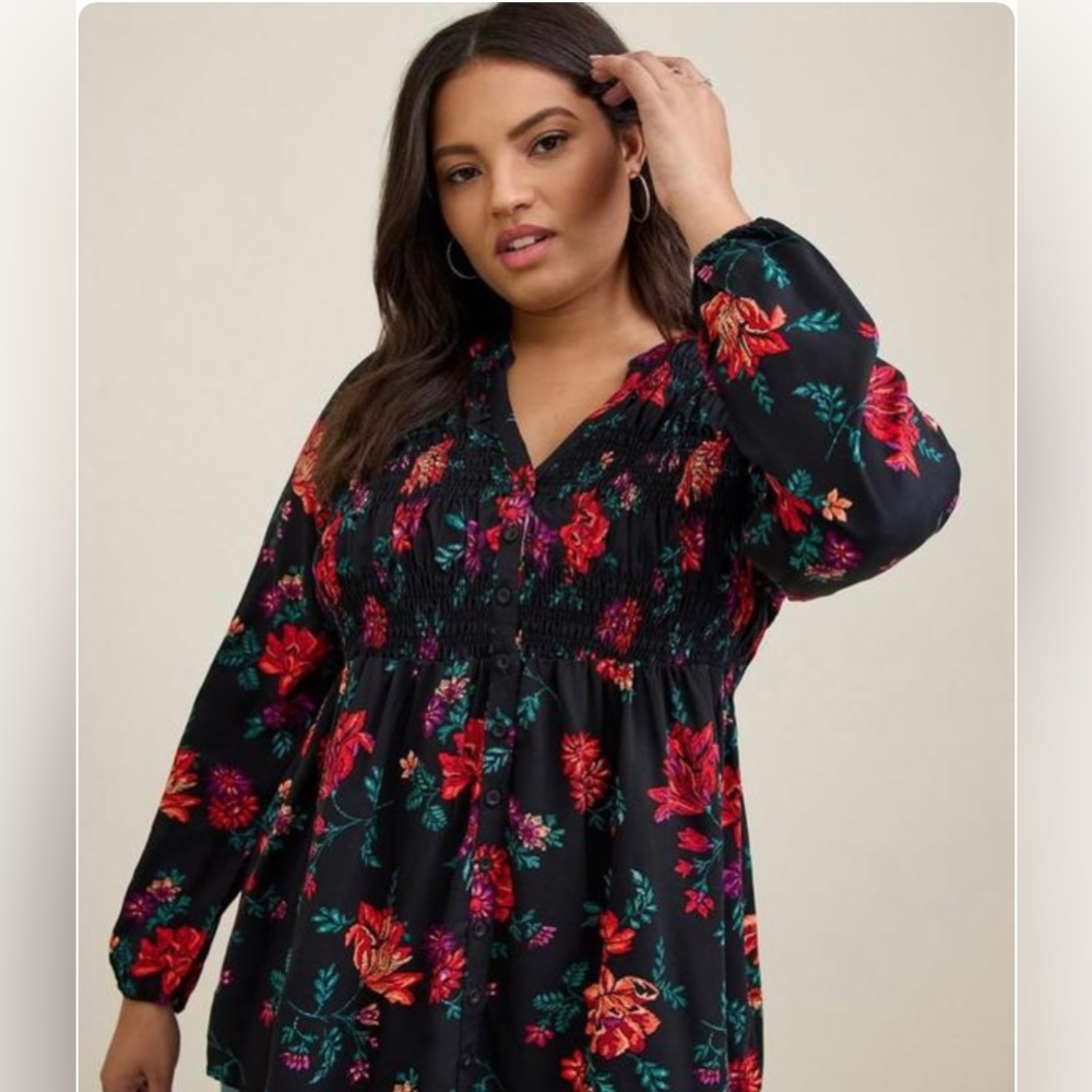 Rayon Twill Smocked Button-Front Tunic Top 3X